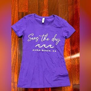 Pismo Beach Purple Graphic Tee - “Seas the Day”, size small and fitted